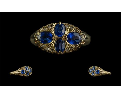 Edwardian Period ( 1902 - 1910 ) Superb 18ct Gold Sapphire and Diamond Set Ring, Gallery Setting, Full Hallmark to Interior o