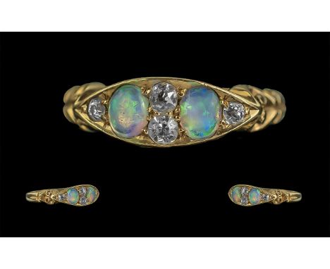 Antique Period Exquisite 18ct Gold Opal and Diamond Set Ring of Pleasing Design / Form. Full Hallmark for Birmingham 1898, Ma