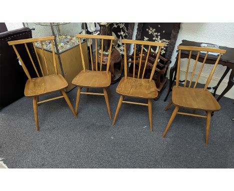 Four Ercol Spindle Fan Back Kitchen Chairs, elm, turned supports.