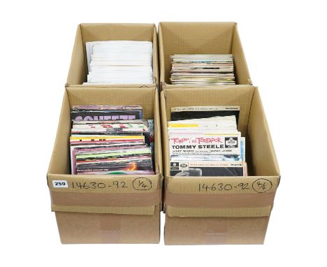 Four boxes of 7 inch singles, labels include; Coral, Parlophone, RCA, HMV, Columbia, etc. artists include; Dolly Parton, Gene