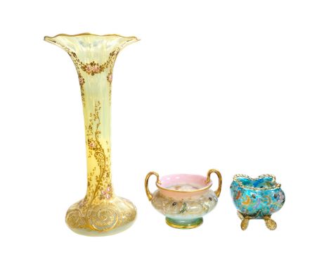 Three Bohemian gilt decorated glass vessels, including two Moser bowls and a tall Vaseline vase, 34.5cm high. Condition - goo