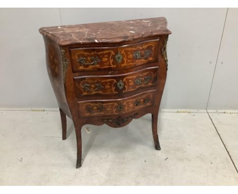 A small French gilt metal mounted marquetry inlaid marble topped bombe commode, width 80cm, depth 38cm, height 86cm. Conditio