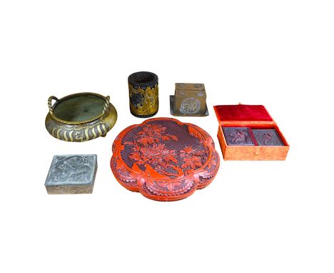 A collection of Chinese and Japanese items to include a lacquered box, a bronze tripod censer, a white metal box and carved s
