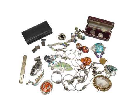 Assorted sterling , white metal and enamel jewellery including a charm bracelet, Siamese brooches, 925 and yellow metal neckl