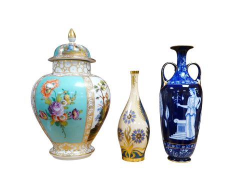 A Dresden porcelain jar and cover, 32cm high, a Doulton Burslem Grecian revival vase and and a Continental Art Nouveau bottle