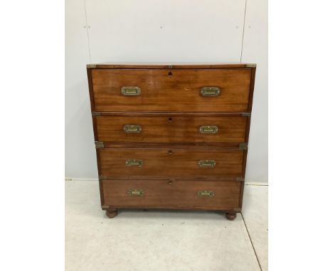 A Victorian brass mounted mahogany two part secretaire military chest with later pigeonhole interior, width 98cm, depth 47cm,