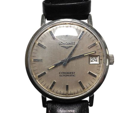 A gentleman's stainless steel Longines Conquest Automatic wrist watch, on an associated leather strap, case diameter 35mm. Co