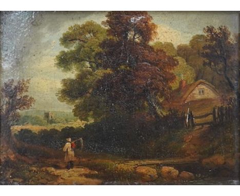 After John Constable RA (1776-1837), oil on board, Pastoral landscape with harvester, 14 x 19.5cm, gilt framed. Condition - f