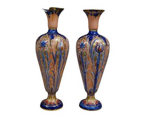 A pair of 'Alhambra', James Macintyre and Co vases, designed by William Moorcroft, 31cm high. Condition - one damaged and poo