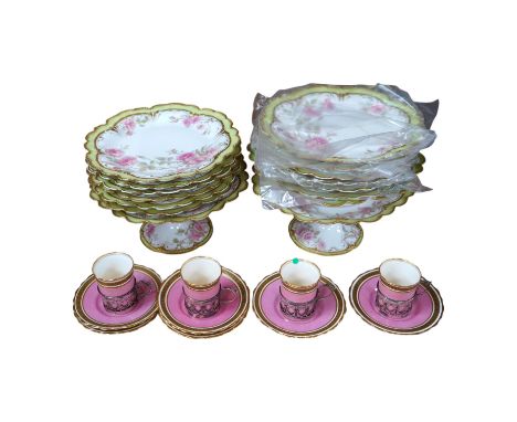 A French porcelain part dessert service together with a set of four Aynsley cups and saucers, the cups with silver holders. C