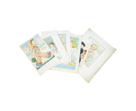 Phyllis Purser (1893-1990), set of six original watercolours for childrens' postcard designs, Humorous children including 'Fi