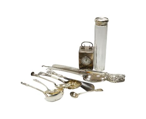 An Edwardian silver cased miniature carriage timepiece, by William Comyns, 67mm, London, 1901, together with a small quantity