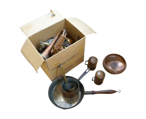 A quantity of Victorian and later copper and metalware to include horse brasses and a bugle. Condition - varies