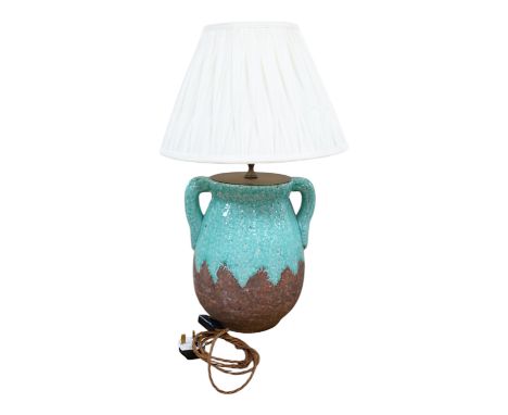 A turquoise lava ceramic table lamp with fabric shade, wired, 65cm high to top of shade. Condition - good