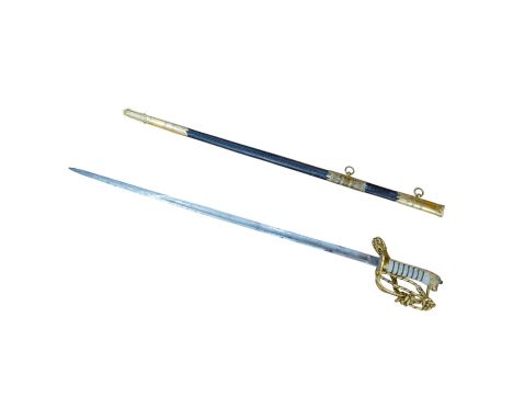 A Victorian Royal Navy officer’s sword by Grieves, engraved blade, lion’s head pommel, fish skin grip, folding guard engraved