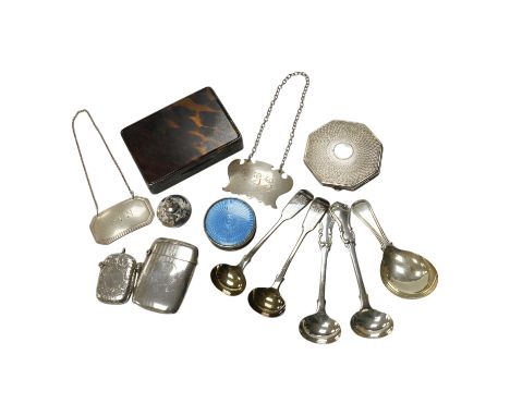 Assorted small silver items including two vesta cases, caddy spoons, mustard ladles, enamelled pill box, wine labels etc. Con