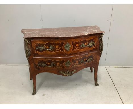 A French gilt metal mounted and marquetry inlaid kingwood marble topped serpentine commode, width 116cm, depth 51cm, height 8