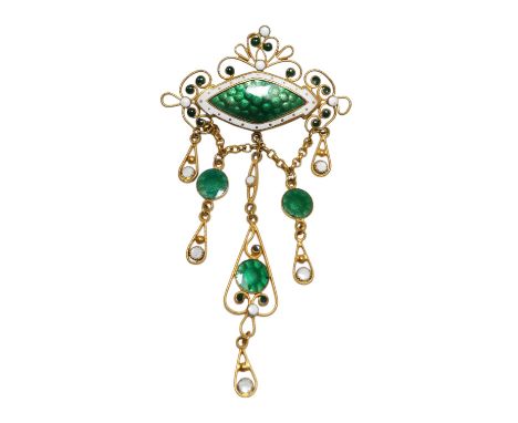 An Art Nouveau style gilt metal and three colour enamel set drop pendant, 90mm. Condition - fair to good
