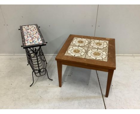 A mid century Italian style wrought iron and mosaic tile magazine table and a mid century tile top occasional table, larger w