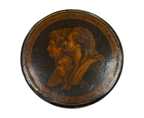 Death of Louis XVI and Marie Antoinette, a commemorative papier mache snuff box, 9cm diameter. Condition - some chipping and 