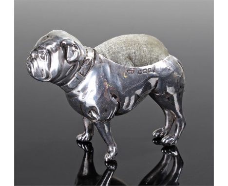 Edward VII silver novelty pin cushion, Birmingham 1905, maker Adie & Lovekin Ltd, in the form of a boxer dog with pad back, 7