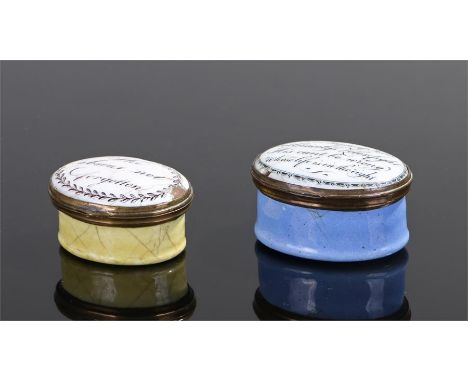 Two 19th Century Bilston enamel patch boxes, the first with the script "The absent not forgotten", the second "For modes of f