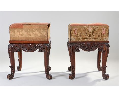 Pair of 19th Century oak stools, each with a tapestry top above acanthus and scroll carved bases raised on cabriole legs and 