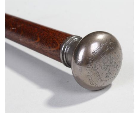 York Minster interest, a swagger stick made from the oak and bell metal, the bell metal top with engraved Cross Key crest and