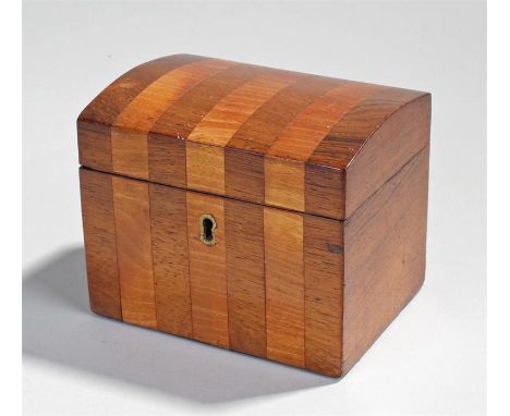 Victorian rosewood and satinwood tea caddy, the arched lid with bands of rosewood and satinwood enclosing a lidded compartmen