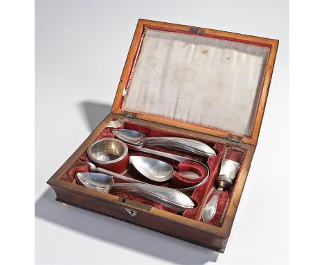 Fine early 19th Century silver tea making set, the mahogany box opening to reveal a velvet lined case with twelve tea spoons,