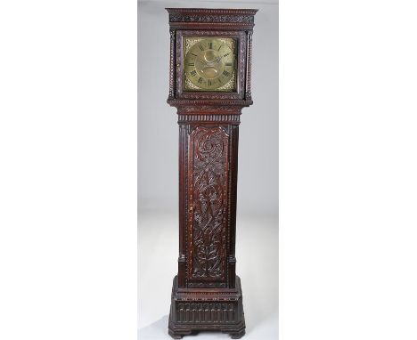 George III oak longcase clock, H Lough, Penirth, the blind fret cornice above a square glazed hood flanked by columns with a 