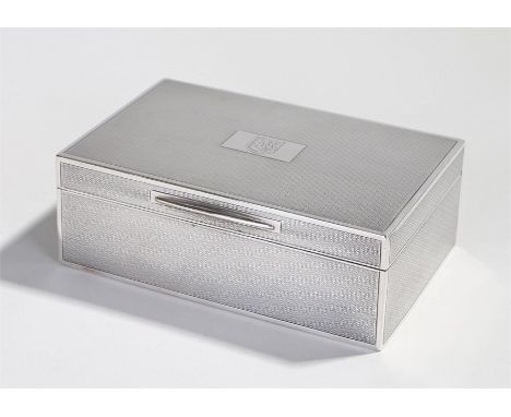 George V silver cigarette box, London 1919, maker CLS, the engine turned case with central shield, 14cm wide