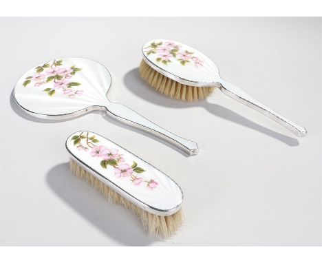Elizabeth II silver and guilloche enamel vanity set, Birmingham 1958, maker Henry Clifford Davis, to include a mirror and two