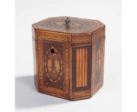 Regency fruitwood and boxwood tea caddy, in the Hepplewhite style, the hinged top with bands of inlaid decoration, the body w