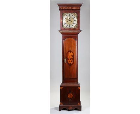 George III mahogany and inlaid longcase clock, Richard Martin, London, the step inlaid cornice above a square glazed hood wit