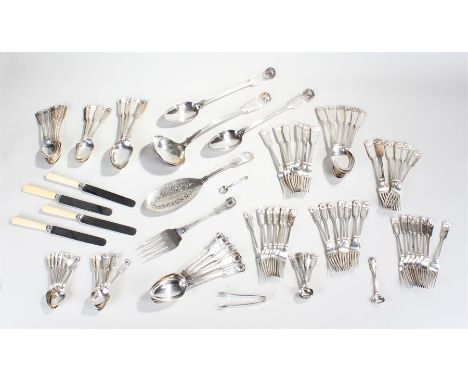 Silver plated flatware, Kings pattern, to include  forks, dessert spoons, serving spoons, two basting spoons, sauce spoons, f
