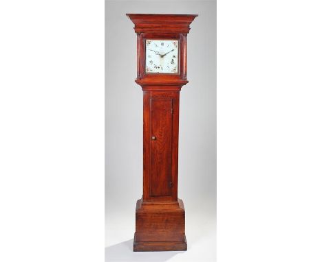 Rare wild cherry wood 18th Century longcase clock, Lee High Wycombe, the concave cornice above a square glazed door flanked b