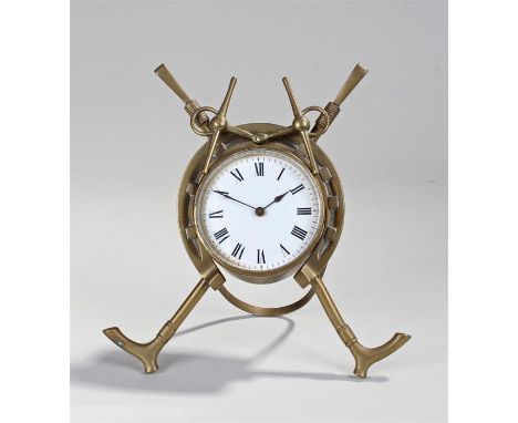 Novelty desk timepiece, with riding crops and horse shoe case, white enamel dial with black Roman hours, kite mark to the cas