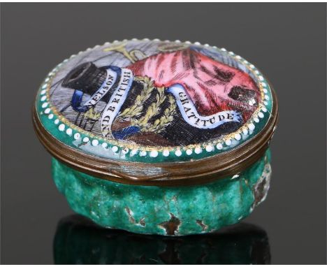 Rare George III period Bilston Enamel Nelson patch box, " Nelson and British Gratitude" the lid decorated with a cannon, wrea