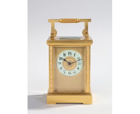 Victorian gilt brass carriage clock, the five glass case with trailing bees to the edges, enamel chapter ring with Arabic hou