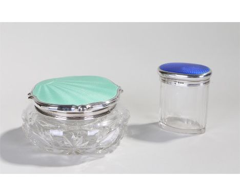 George VI silver and guilloche enamel glass dressing table jar, Birmingham 1938, maker Adie Brothers, the shaped pale green g