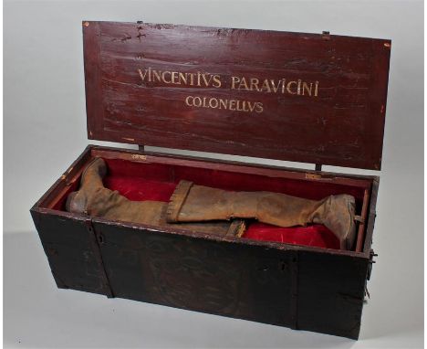 Intriguing 18th Century trunk, the heraldic painted front with iron strap work and a tapering body with hinged top named to t