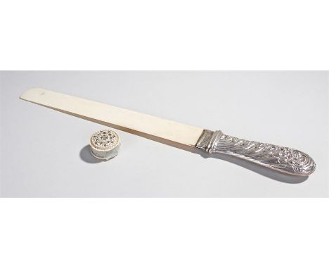 Victorian silver and ivory page turner, London 1900, and silver gadrooned and scroll handle with a long ivory page turner bla