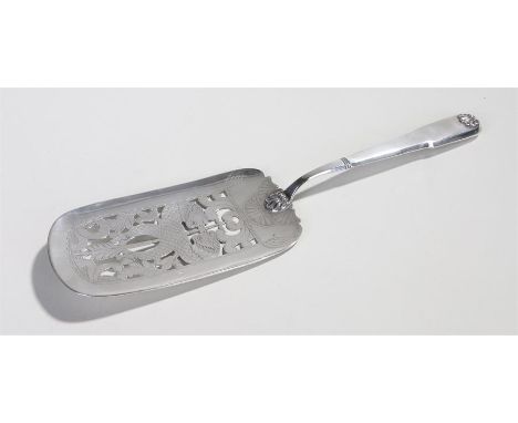 19th Century Danish silver fish server, the wide blade with a pair of serpent type fish and a central arrow, 29.5cm long