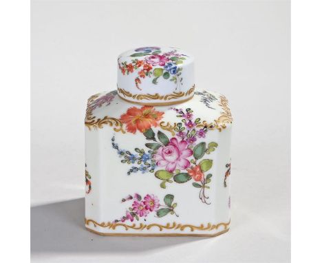 19th century porcelain tea caddy, probably Samson, the caddy and lid decorated with flowers and of rectangular form, both wit