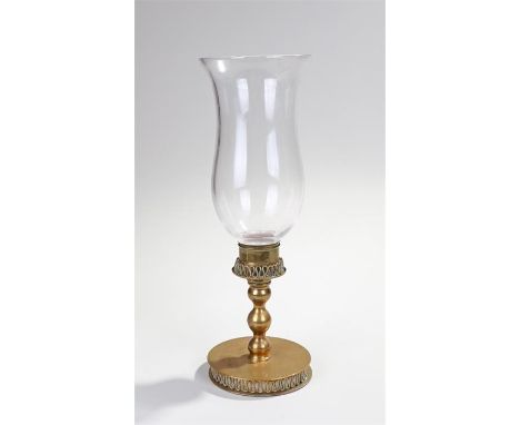 Victorian glass and brass candle lamp, the shaped shade above the brass column and stand, 36cm high
