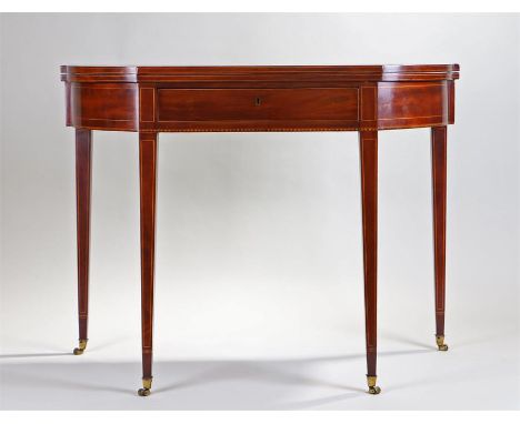 Regency mahogany and boxwood strung tea table, the bow fronted top with straight edge to the front and sides with boxwood ban