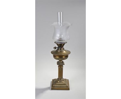 Victorian oil lamp, the frosted glass shade above a brass fluted column and stepped base, 71cm high