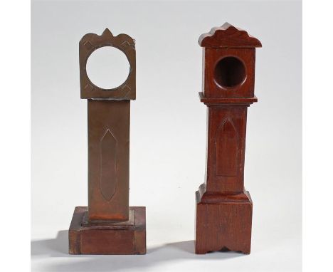 Two scratch built miniature longcase clock watch holders, the first in oak with an arched hood and trunk body, 31cm high, the