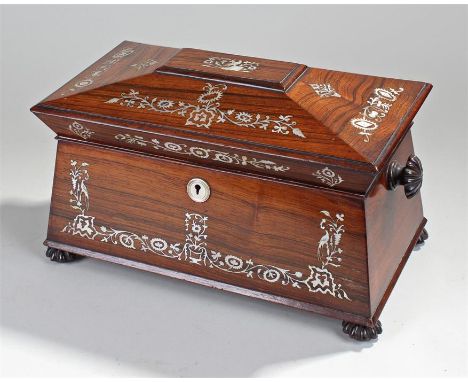 Fine William IV mother of pearl inlaid rosewood caddy, the sarcophagus caddy with foliate inlaid decoration, the lid enclosin